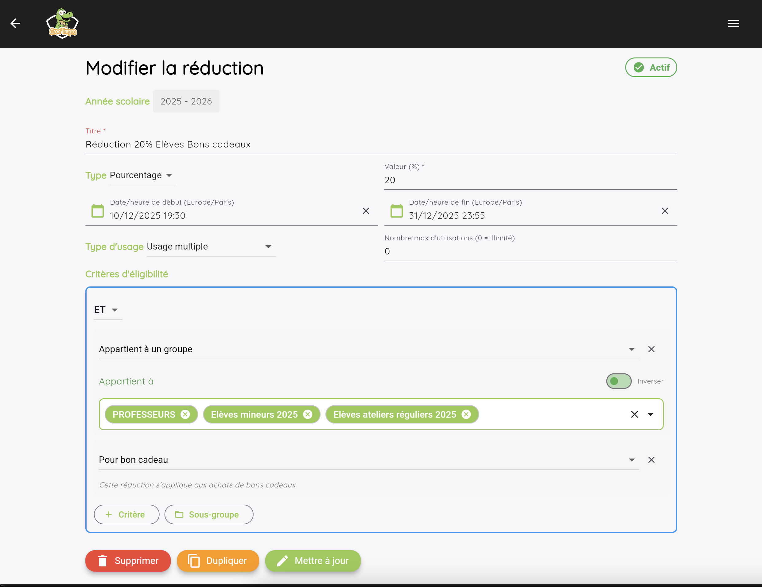 Gestion des réductions